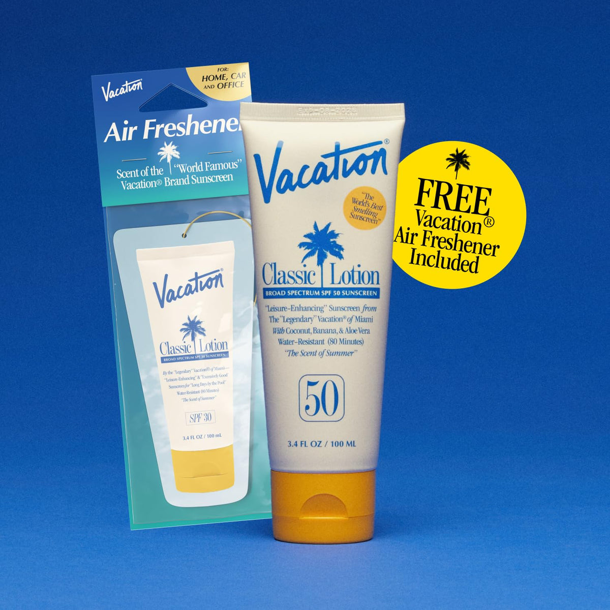 VACATION Classic SPF 50 Sunscreen Lotion with tropical background