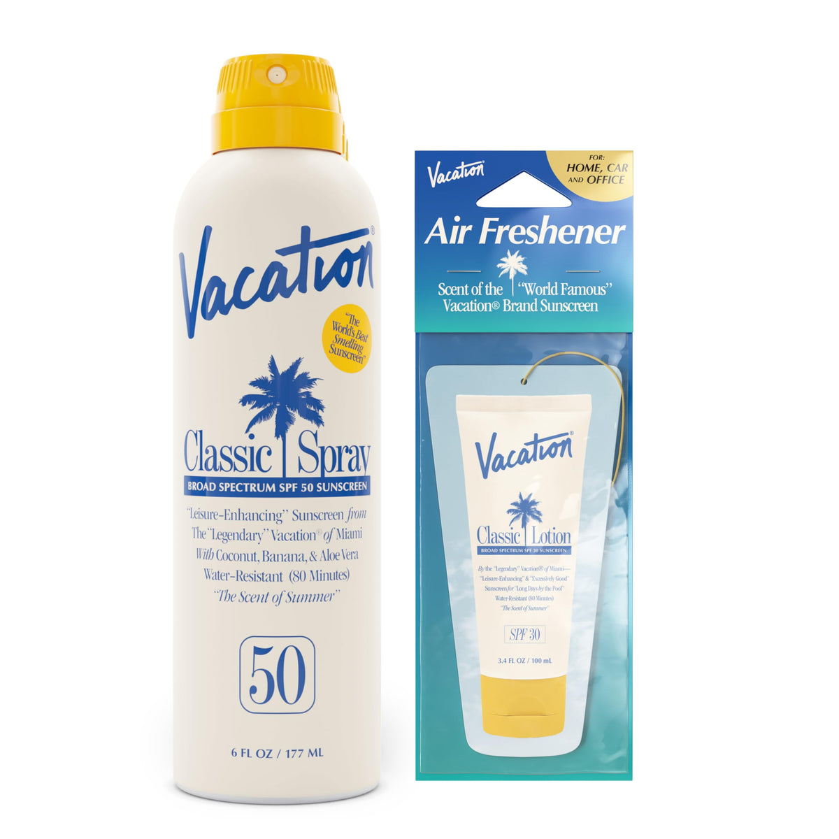 VACATION Classic SPF 50 Sunscreen Spray front view with tropical scent notes