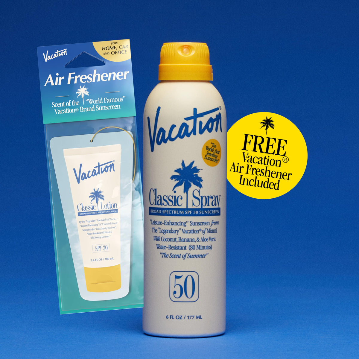 VACATION Classic SPF 50 Sunscreen Spray with air freshener bundle