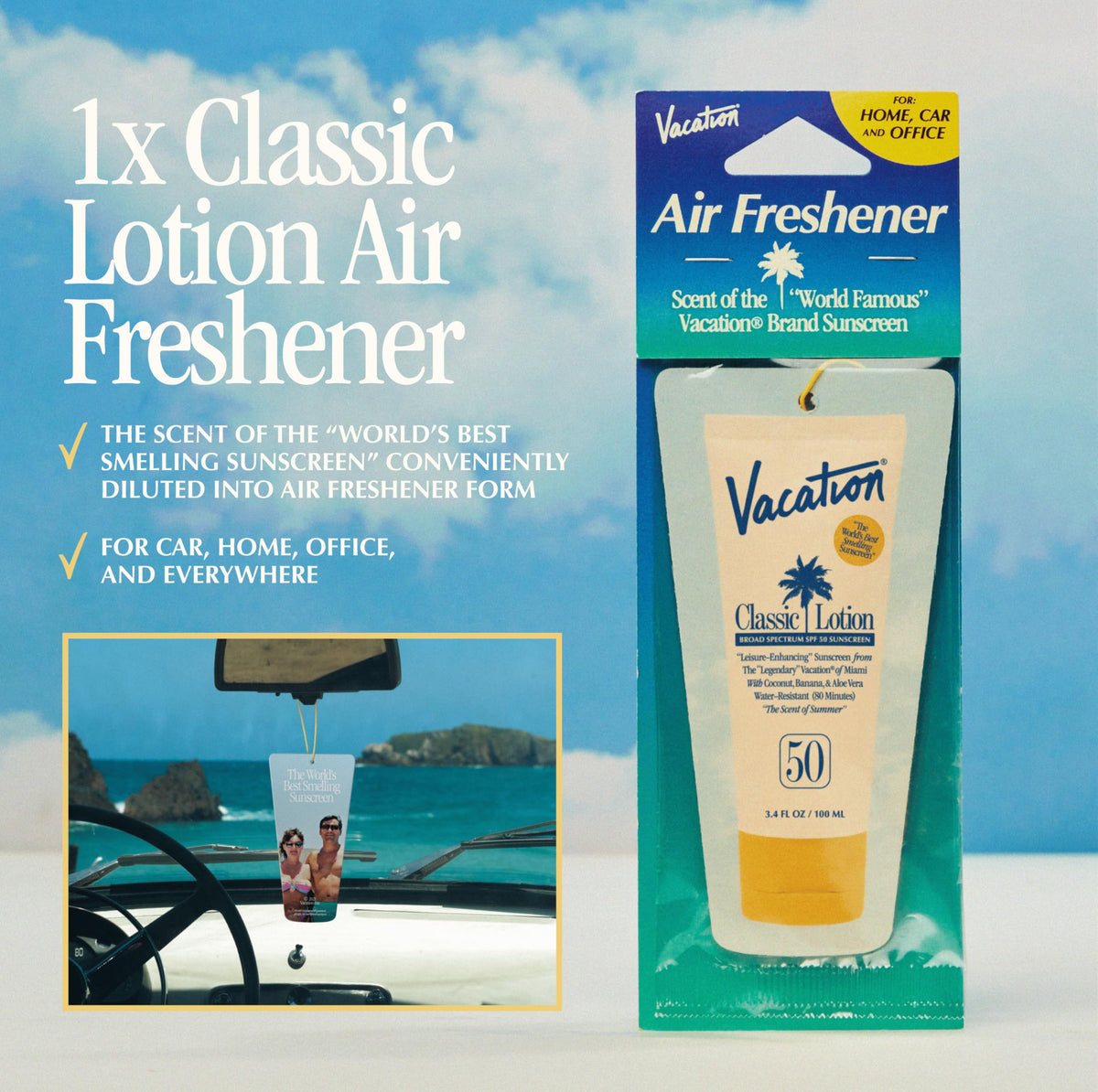 VACATION Classic SPF 50 Sunscreen with tropical background