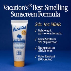 VACATION Mini Classic SPF 30 Sunscreen Lotion with tropical background