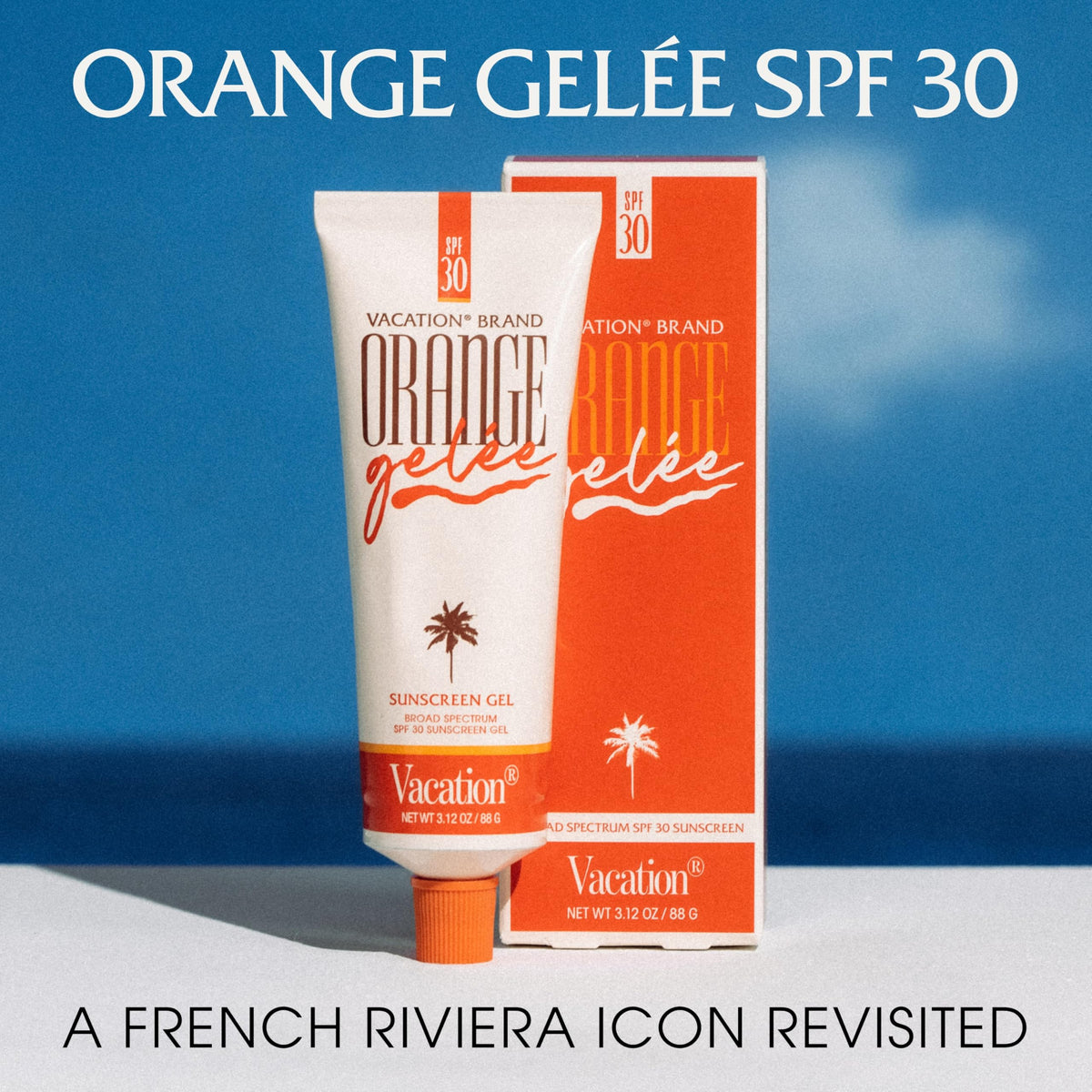 VACATION Orange Gelée SPF 30 Sunscreen Gel on a beach towel