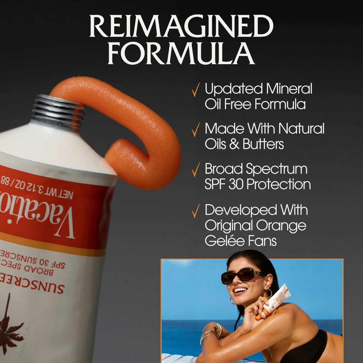 VACATION Orange Gelée SPF 30 sunscreen with tropical background