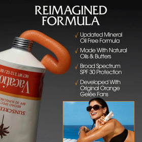 VACATION Orange Gelée SPF 30 sunscreen with tropical background