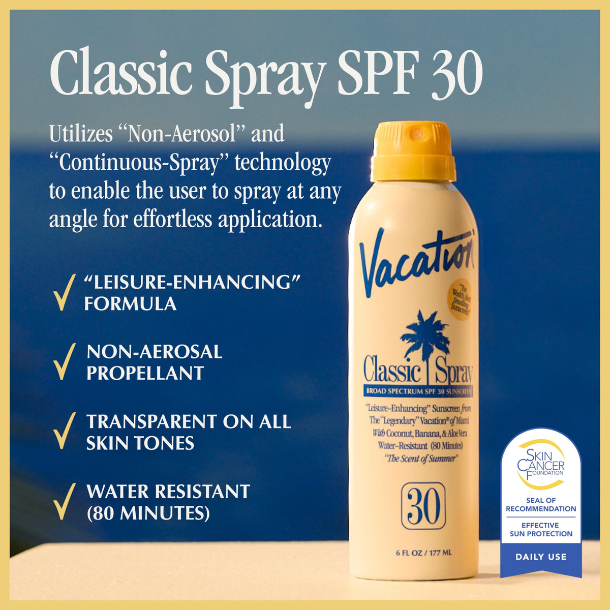 VACATION SPF 30 Sunscreen Spray side view showing spray nozzle