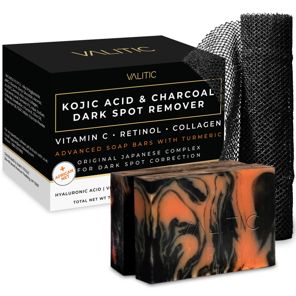 VALITIC Charcoal Kojic Acid Turmeric Black Soap Bar front view
