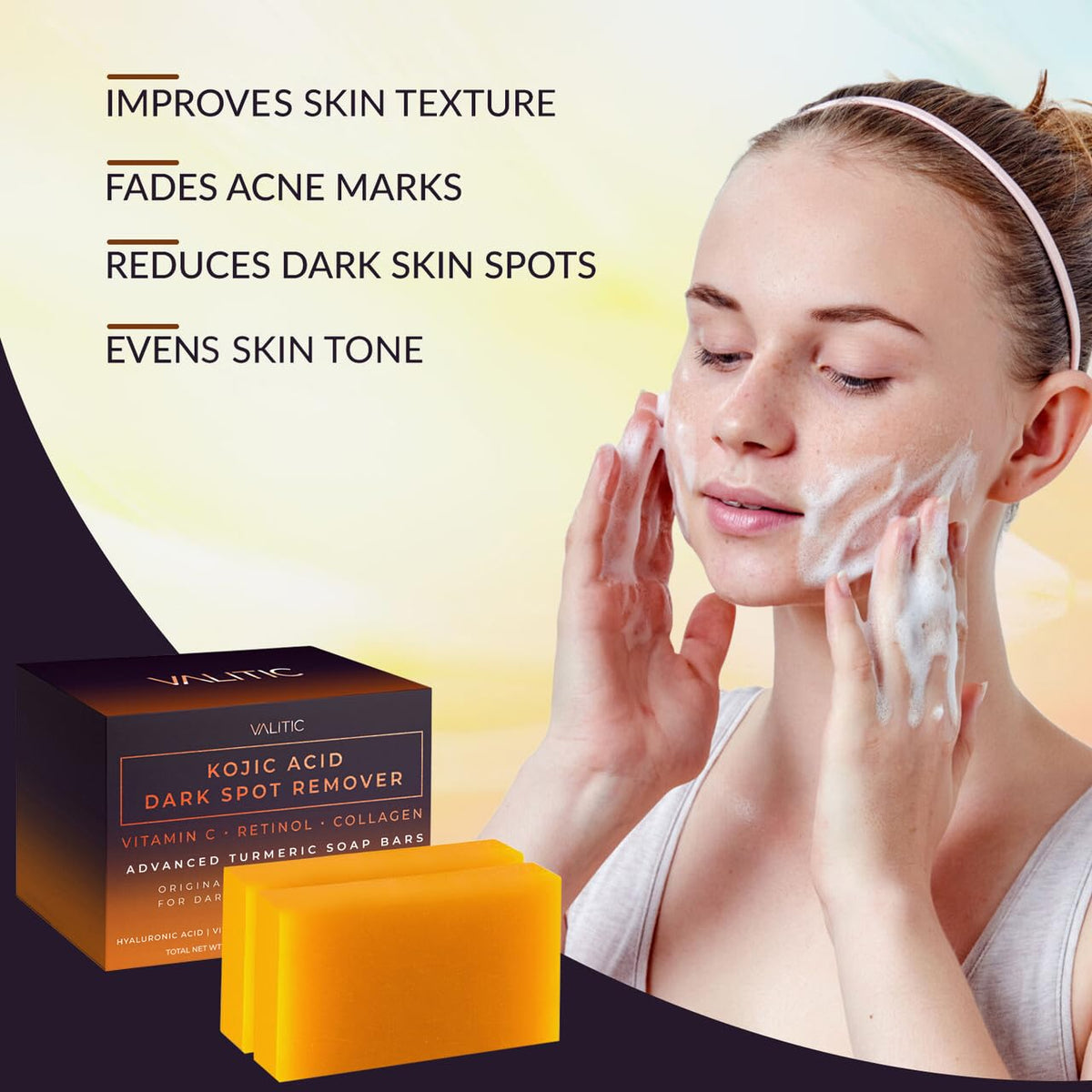 VALITIC Kojic Acid Soap Bars alongside skincare products