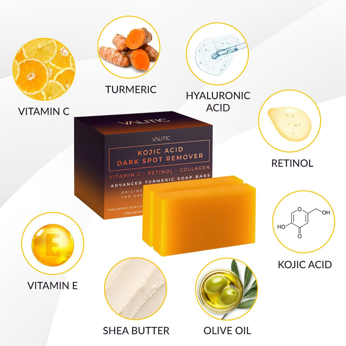 VALITIC Kojic Acid Soap Bars with ingredients displayed