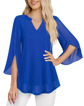 VALOLIA Floral Tunic Blouse showing ruffle 3/4 sleeves