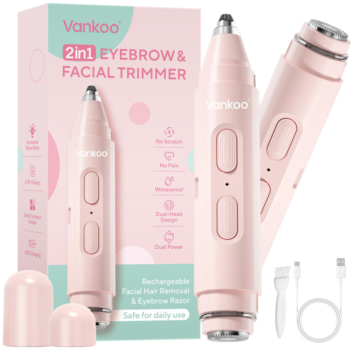 vankoo glow 2 in 1 Facial Hair Remover & Eyebrow Trimmer front view in pink