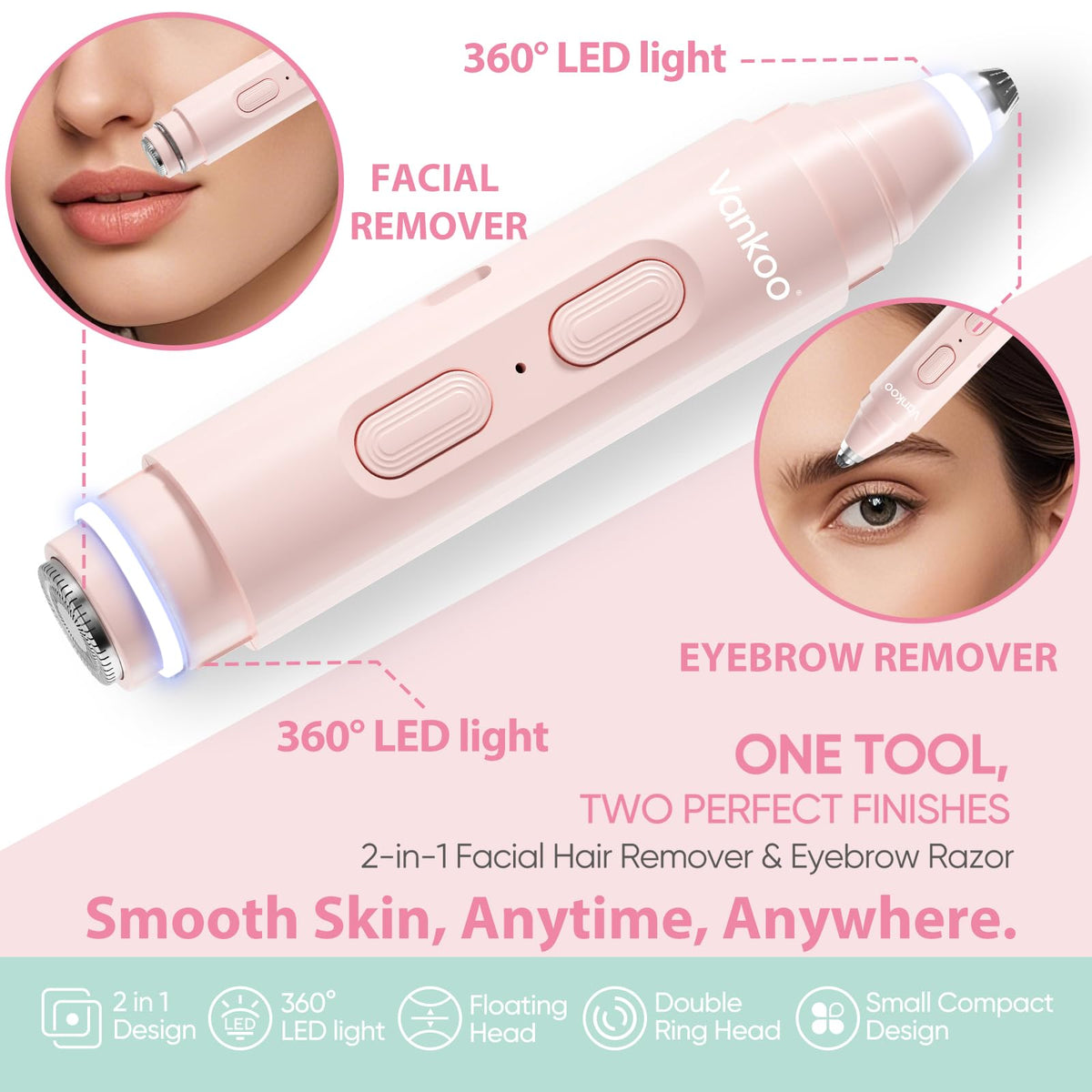 vankoo glow 2 in 1 Facial Hair Remover & Eyebrow Trimmer with interchangeable heads