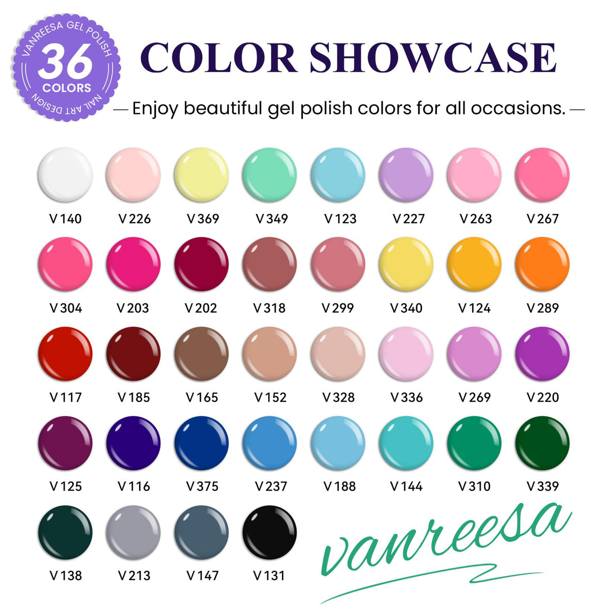 VANREESA 36 trendy gel polish colours displayed
