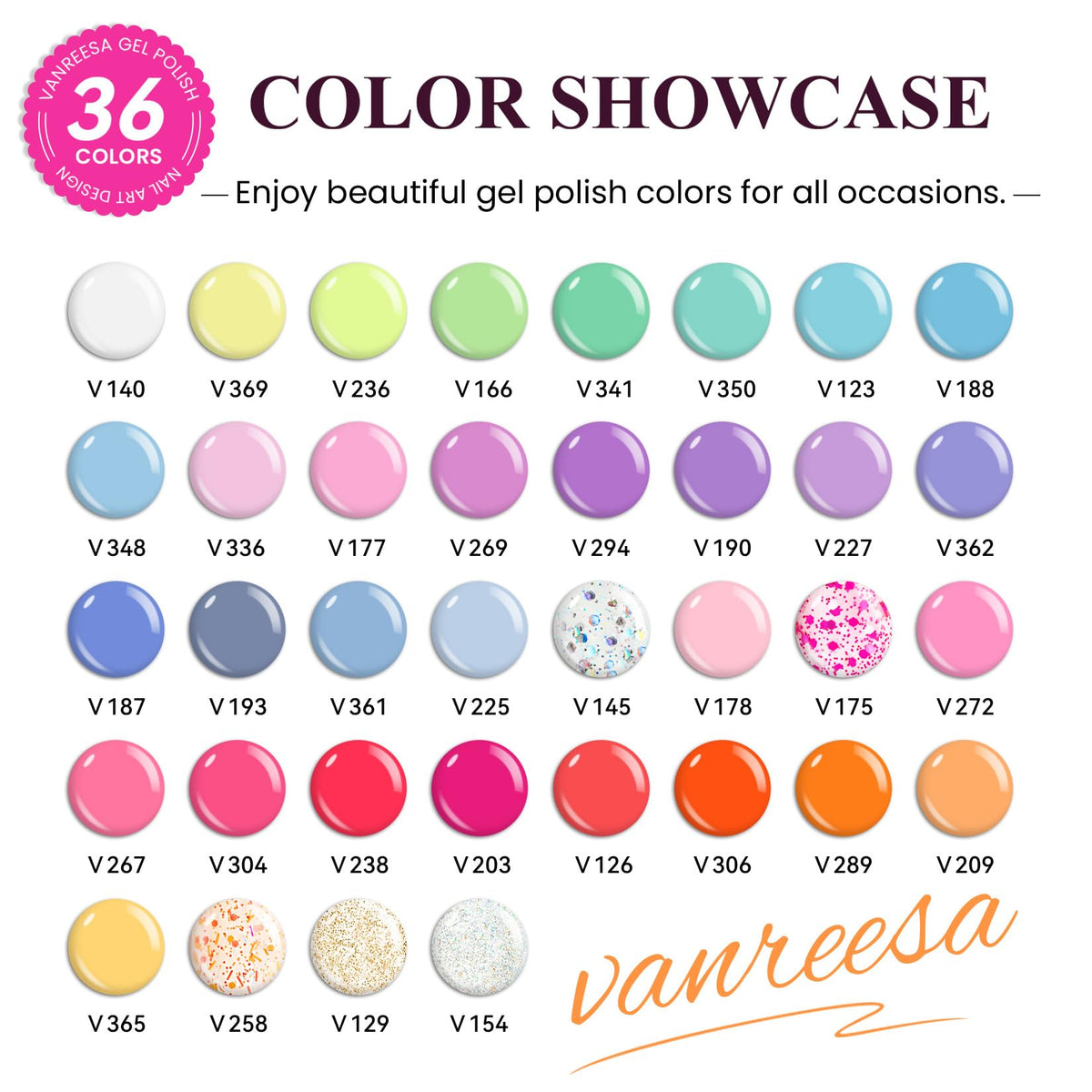 VANREESA 36 vibrant gel polish bottles in various colours