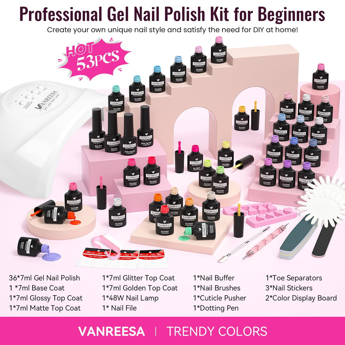 VANREESA gel polish bottles with glossy and matte top coats