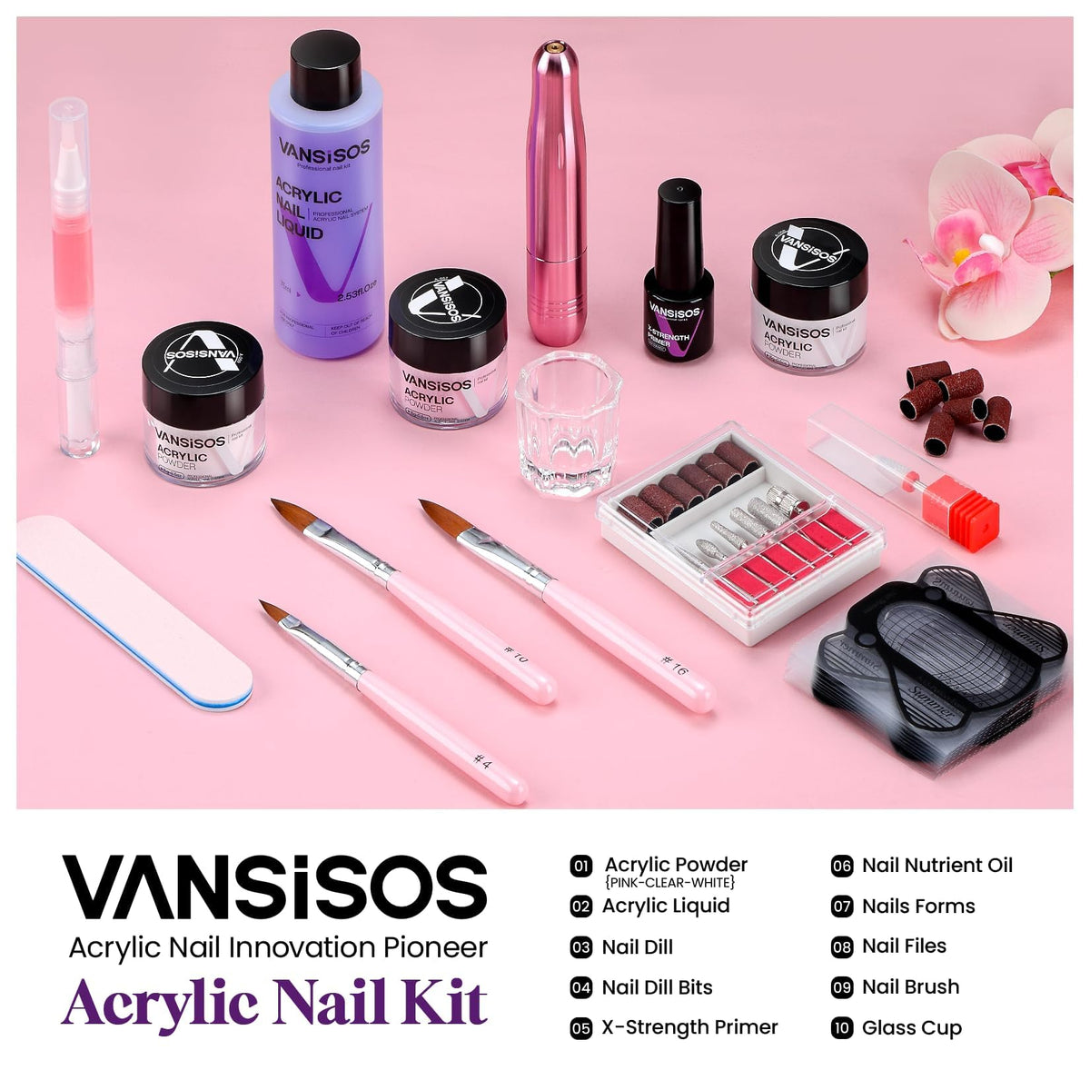 VANSISOS acrylic powder in clear, white, and pink
