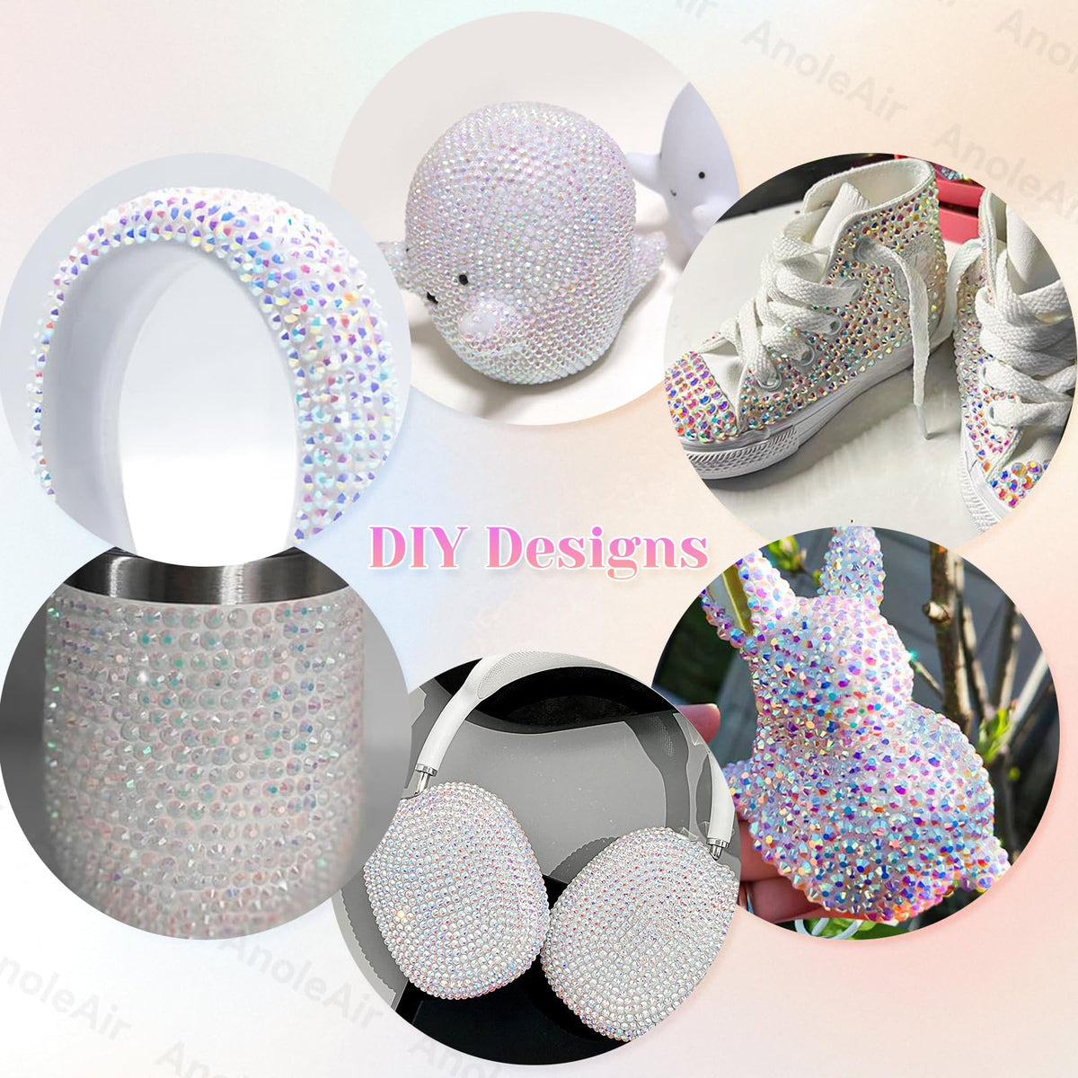 Variety of AnoleAir White AB Rhinestones in different sizes displayed