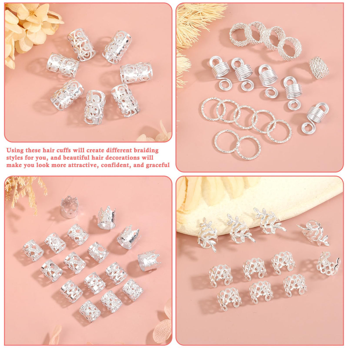 Variety of Lucomb hair jewelry charms displayed on a table