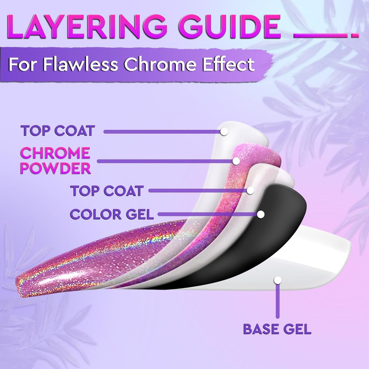 Variety of nail art designs created with chrome powder