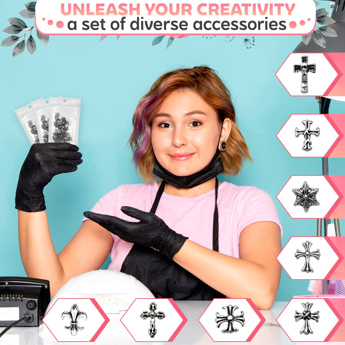 Variety of Novsix silver cross nail charms displayed