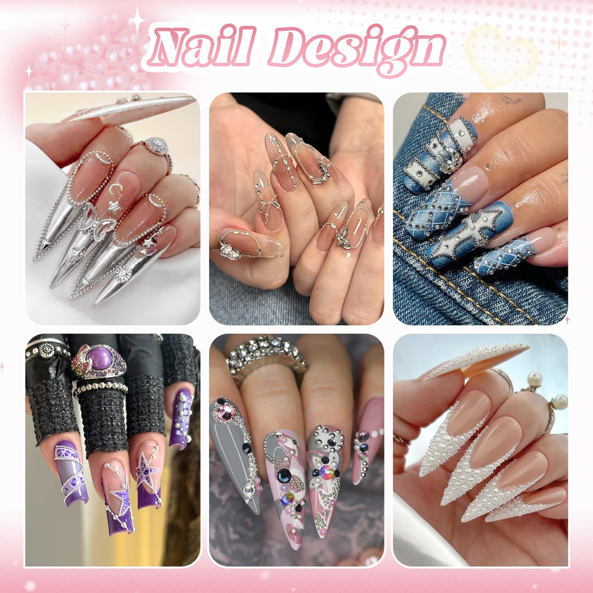 Variety of silver nail beads displayed on a nail art design