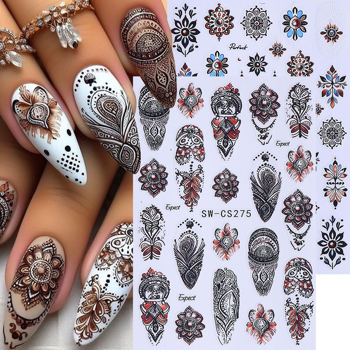 Variety of STZPRONAIL 3D nail stickers featuring feathers and dream catchers