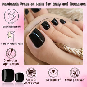 Various sizes of LoveOurHome black press on toenails displayed