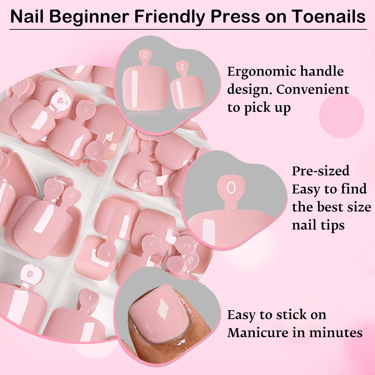 Various sizes of LoveOurHome press on toenails displayed