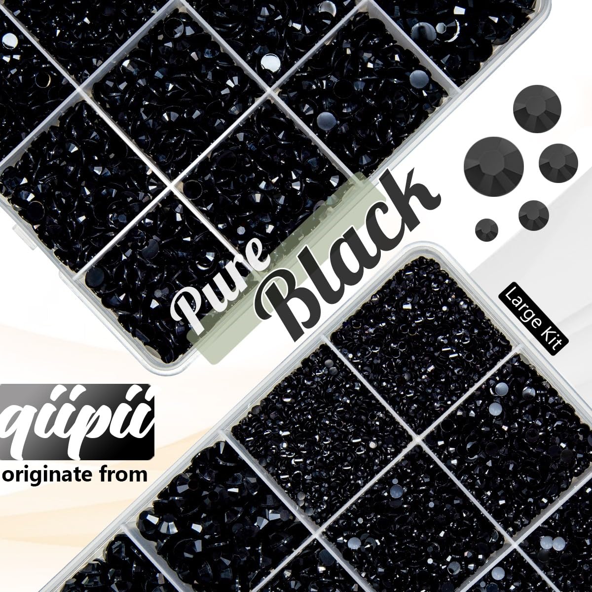 Various sizes of qiipii black rhinestones displayed