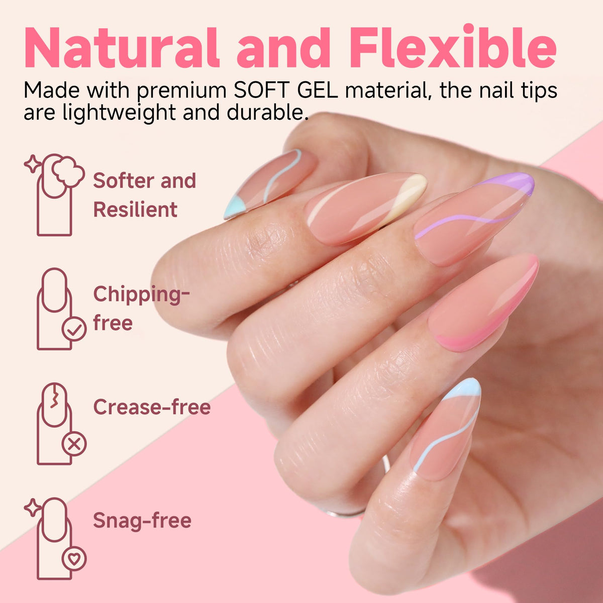 Various sizes of UNA GELLA Medium Almond Gel Nail Tips laid out