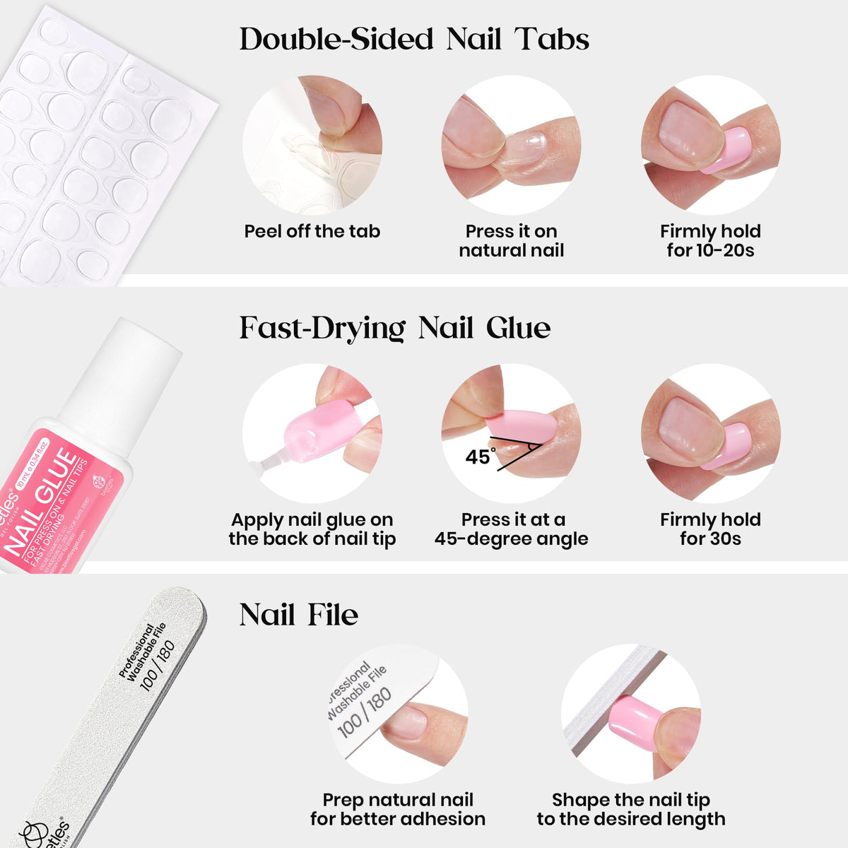 Various styles of press on nails displayed from Beetles kit