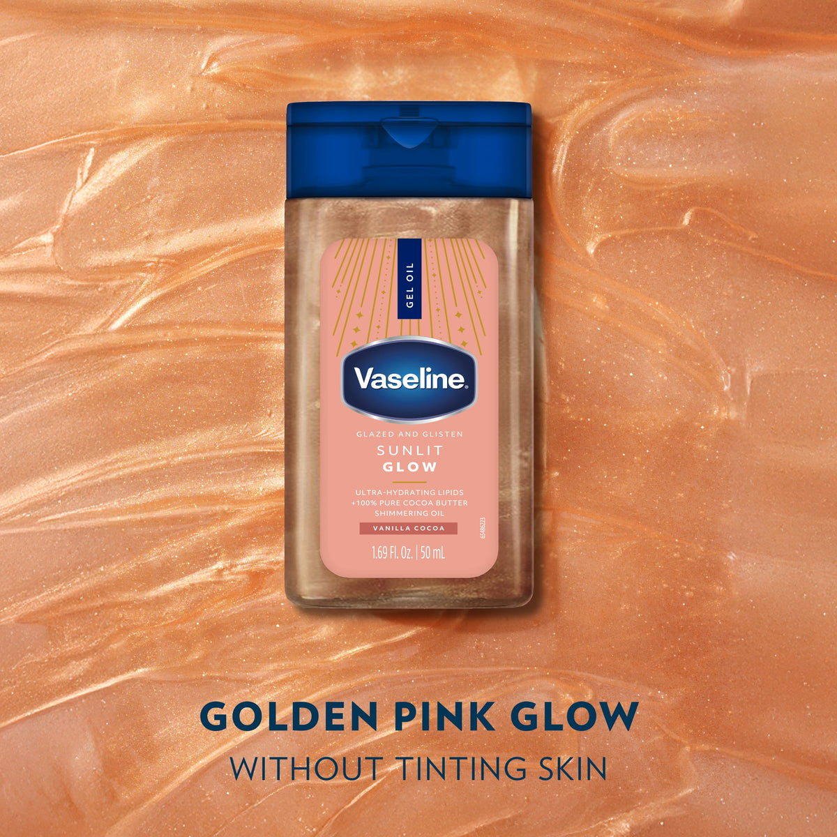 Vaseline Glazed and Glisten Body Gel Oil displaying vanilla cocoa scent