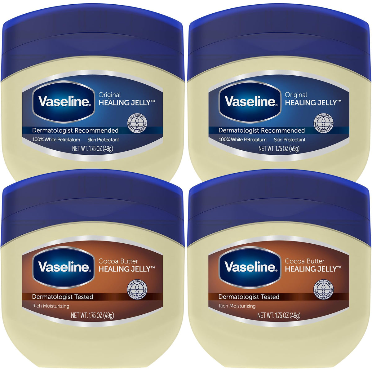 Vaseline Healing Jelly Variety 4-Pack Original and Cocoa Butter jars front view