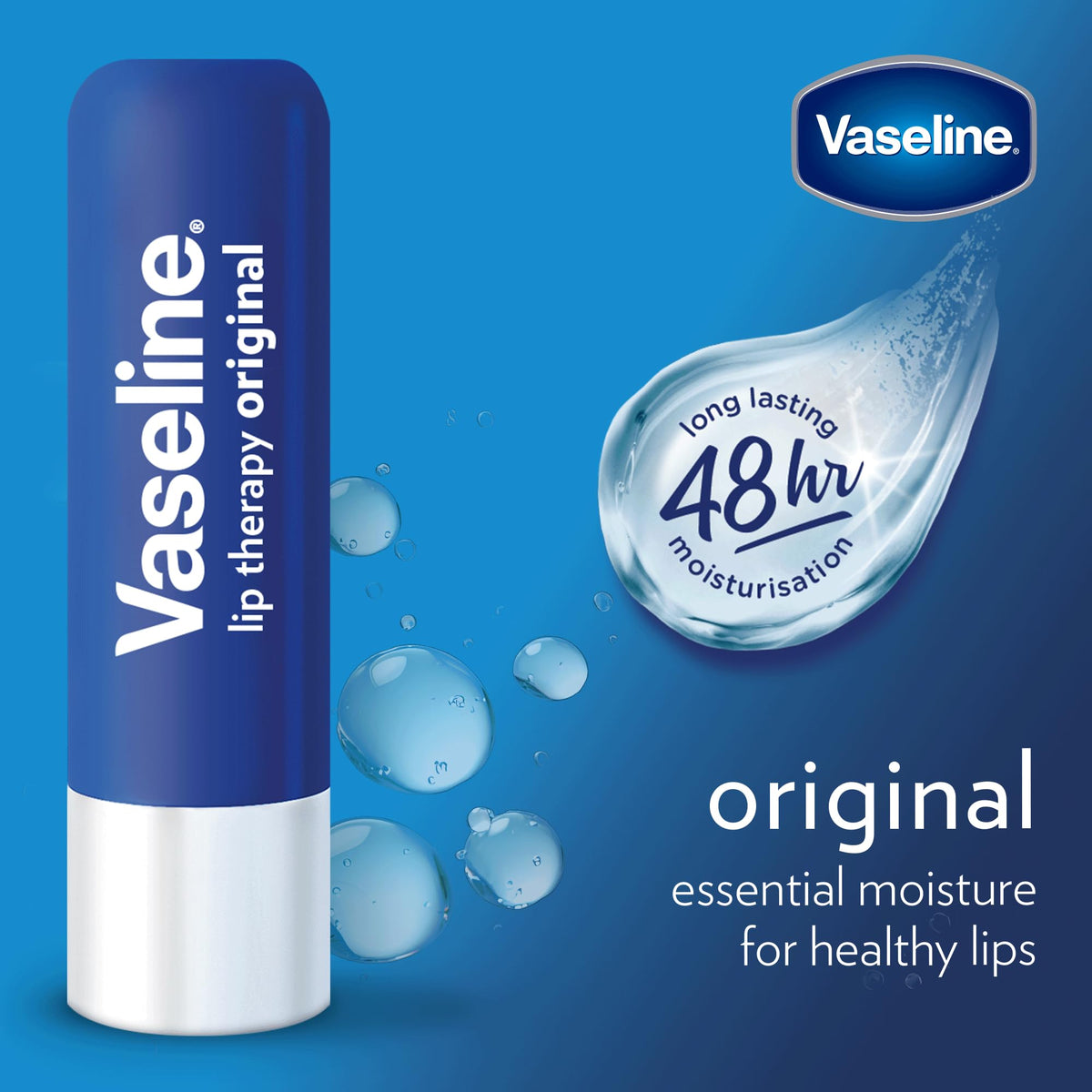 Vaseline Lip Therapy Care Original balm applied on lips