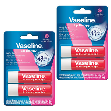 Vaseline Lip Therapy Care Rosy 2-Pack front view with packaging