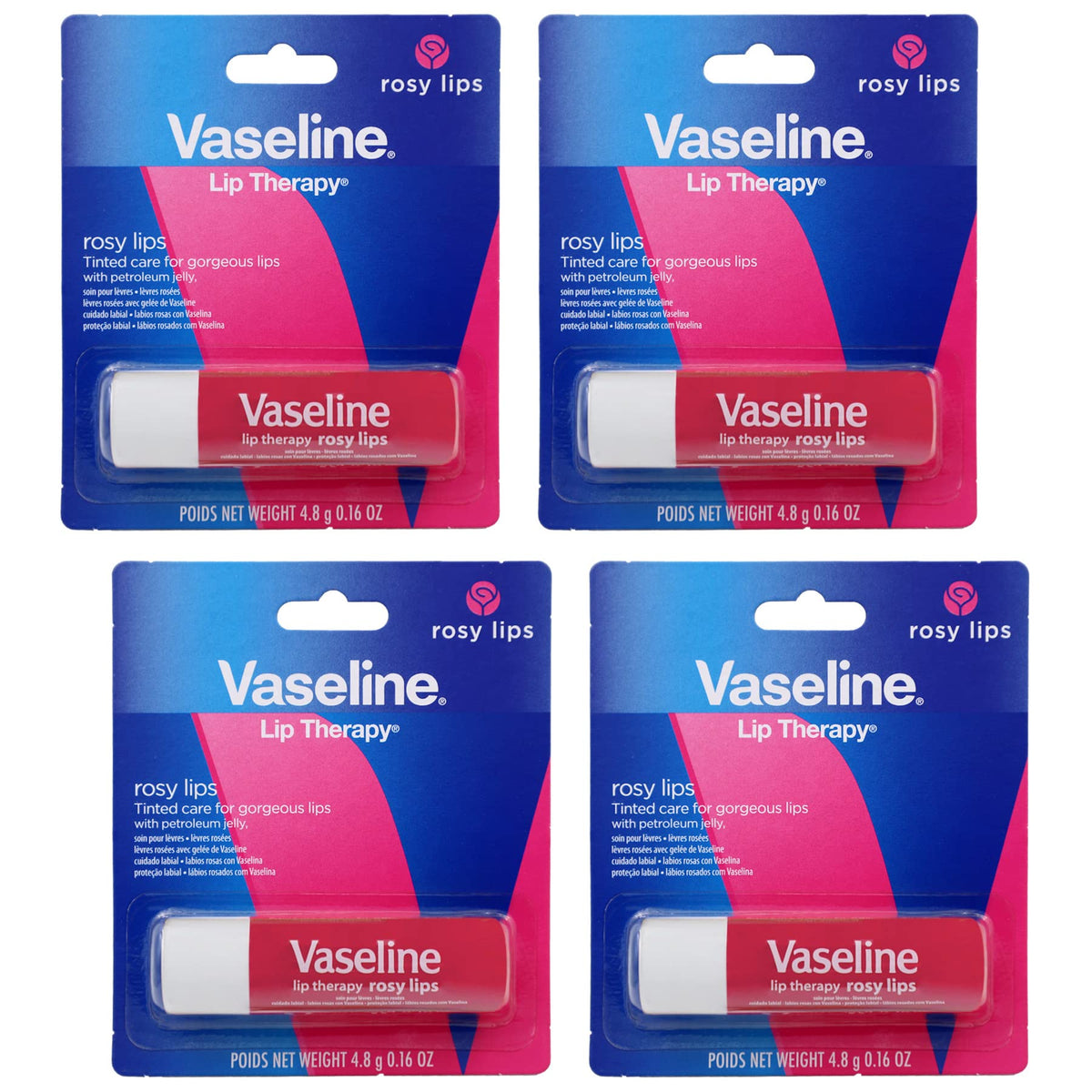 Vaseline Lip Therapy Care Rosy 4-Pack front view with packaging