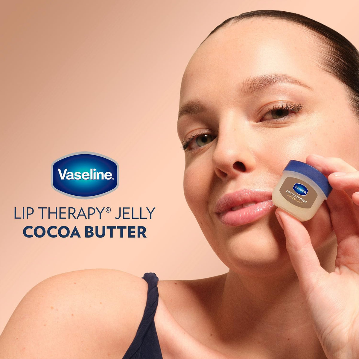 Vaseline Lip Therapy Cocoa Butter jar with chocolate background