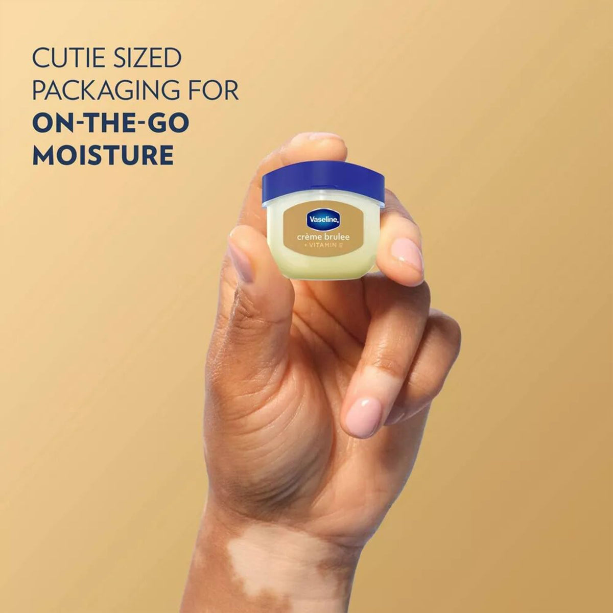 Vaseline Lip Therapy Creme Brulee Mini jars arranged on a table
