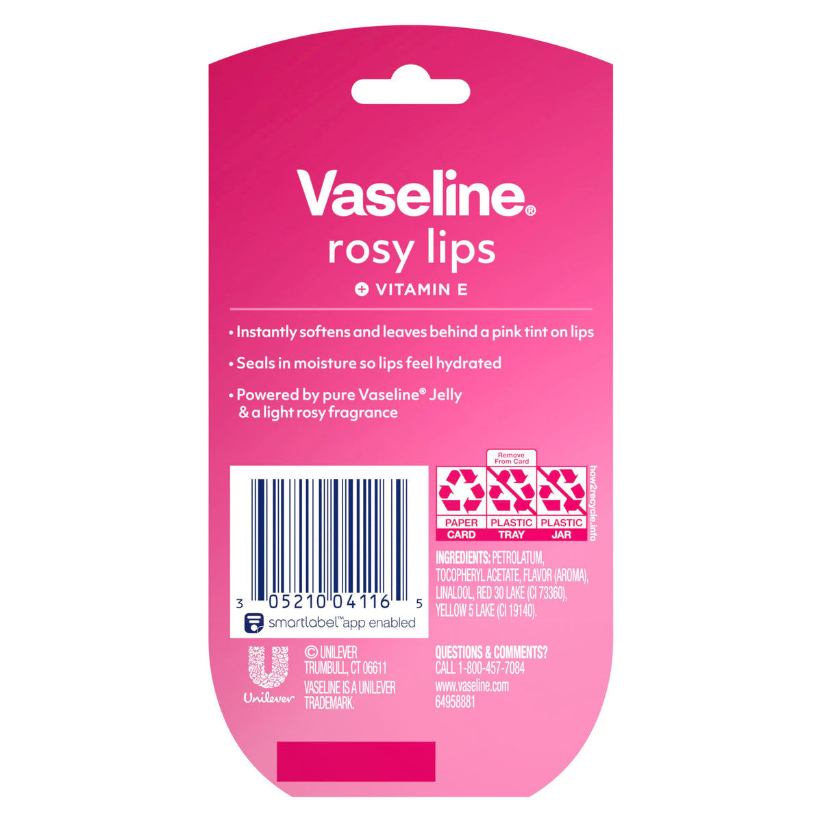Vaseline Lip Therapy Mini Rosy Lips back view with ingredients