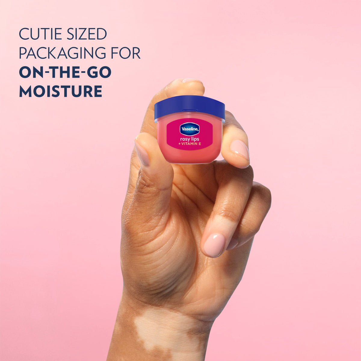 Vaseline Lip Therapy Mini Rosy Lips side view showing the balm