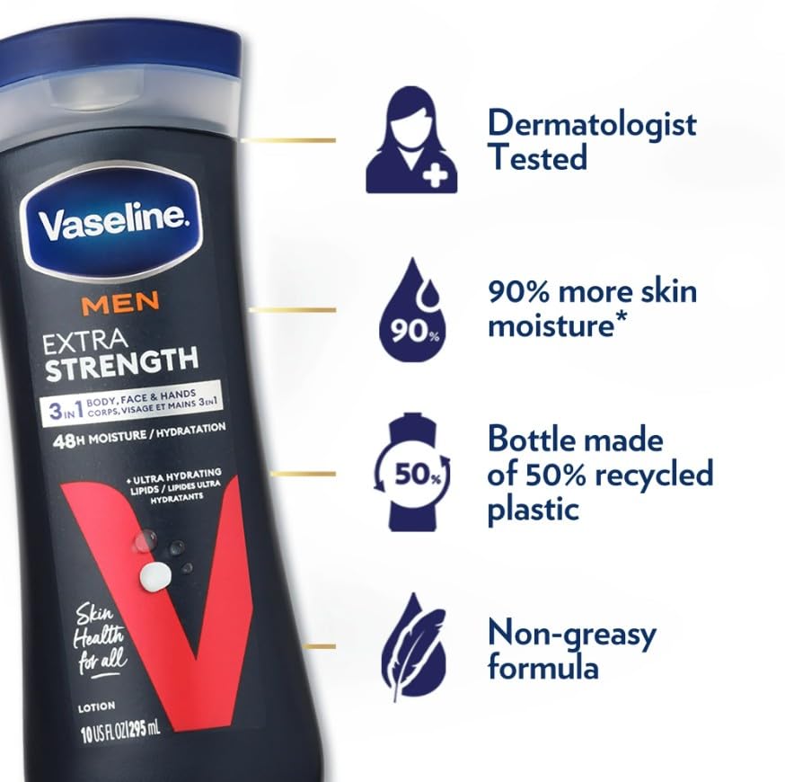 Vaseline Men's Extra Strength Lotion 10 oz in bathroom setting