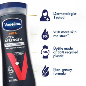 Vaseline Men's Extra Strength Lotion 10 oz in bathroom setting