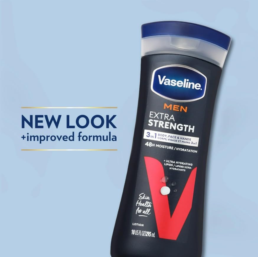 Vaseline Men's Extra Strength Lotion 10 oz on wooden surface