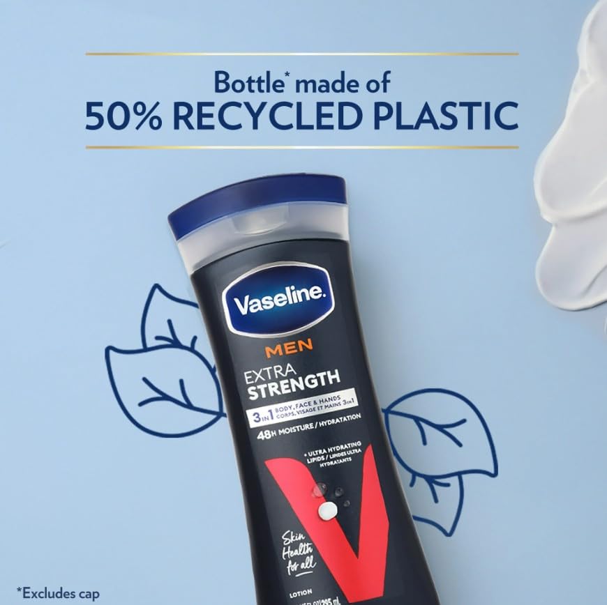Vaseline Men's Extra Strength Lotion 10 oz with hands applying