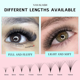 VAVALASH premade fans displayed on a lash artist's workstation