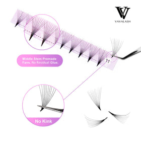 VAVALASH Premade Volume Lash Fans in a salon setting with lash application tools