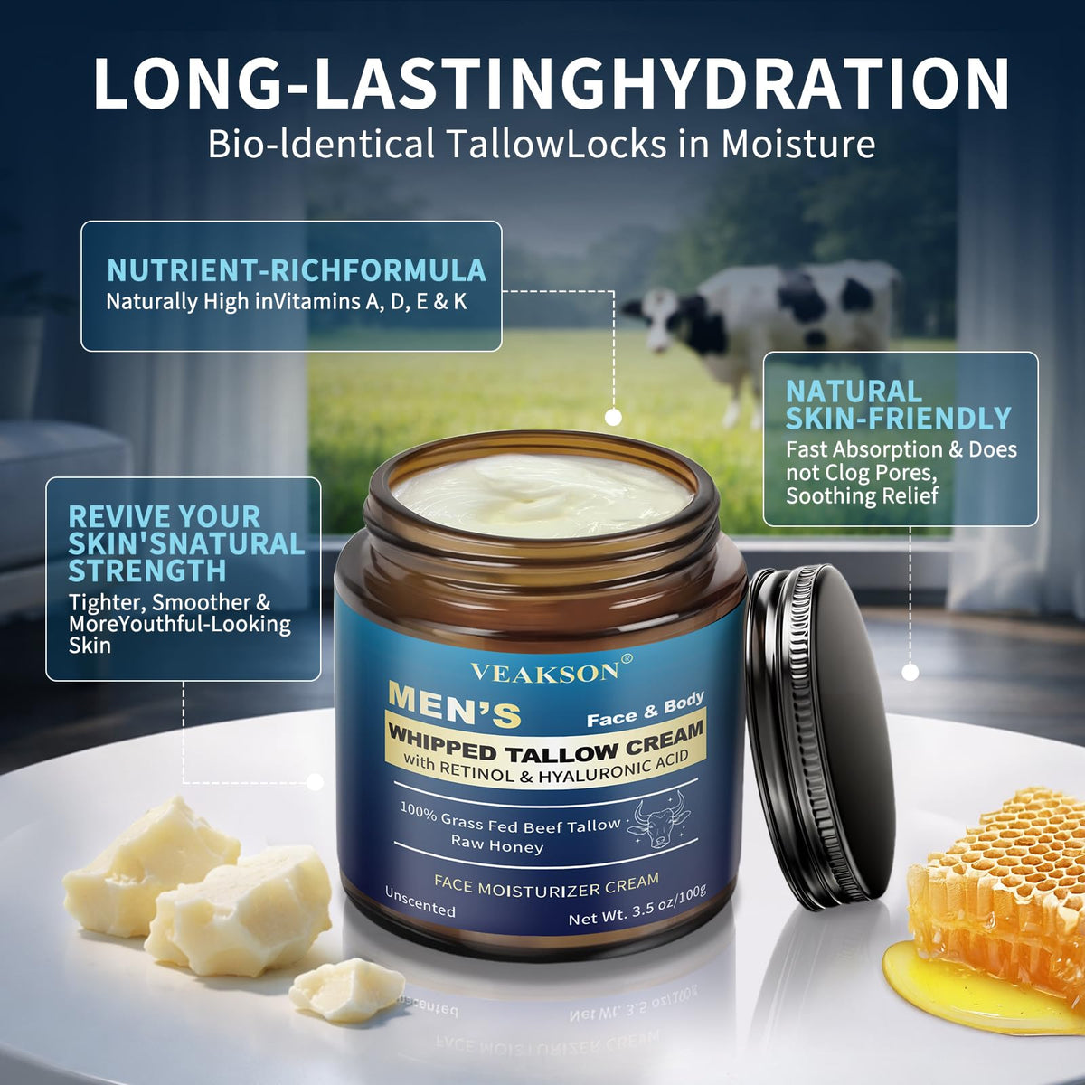 Veakson Men's Beef Tallow Skin Care Cream with honey balm
