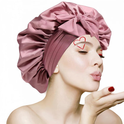 VECIIR Silk Bonnet for Sleeping in pink, front view