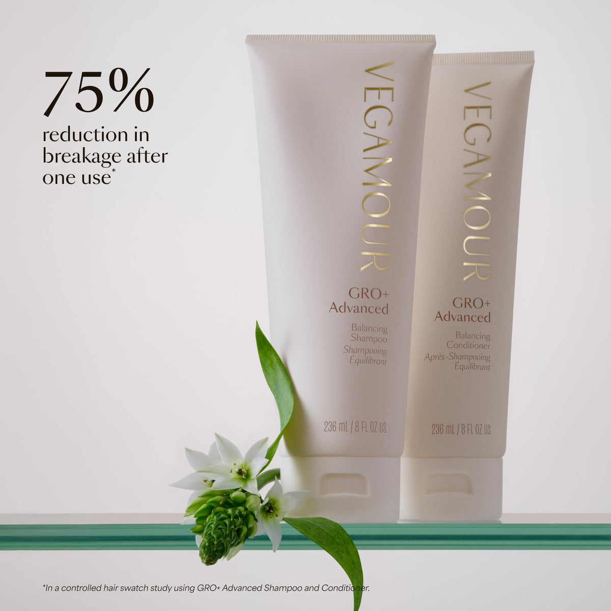 VEGAMOUR GRO+ shampoo with a model using it