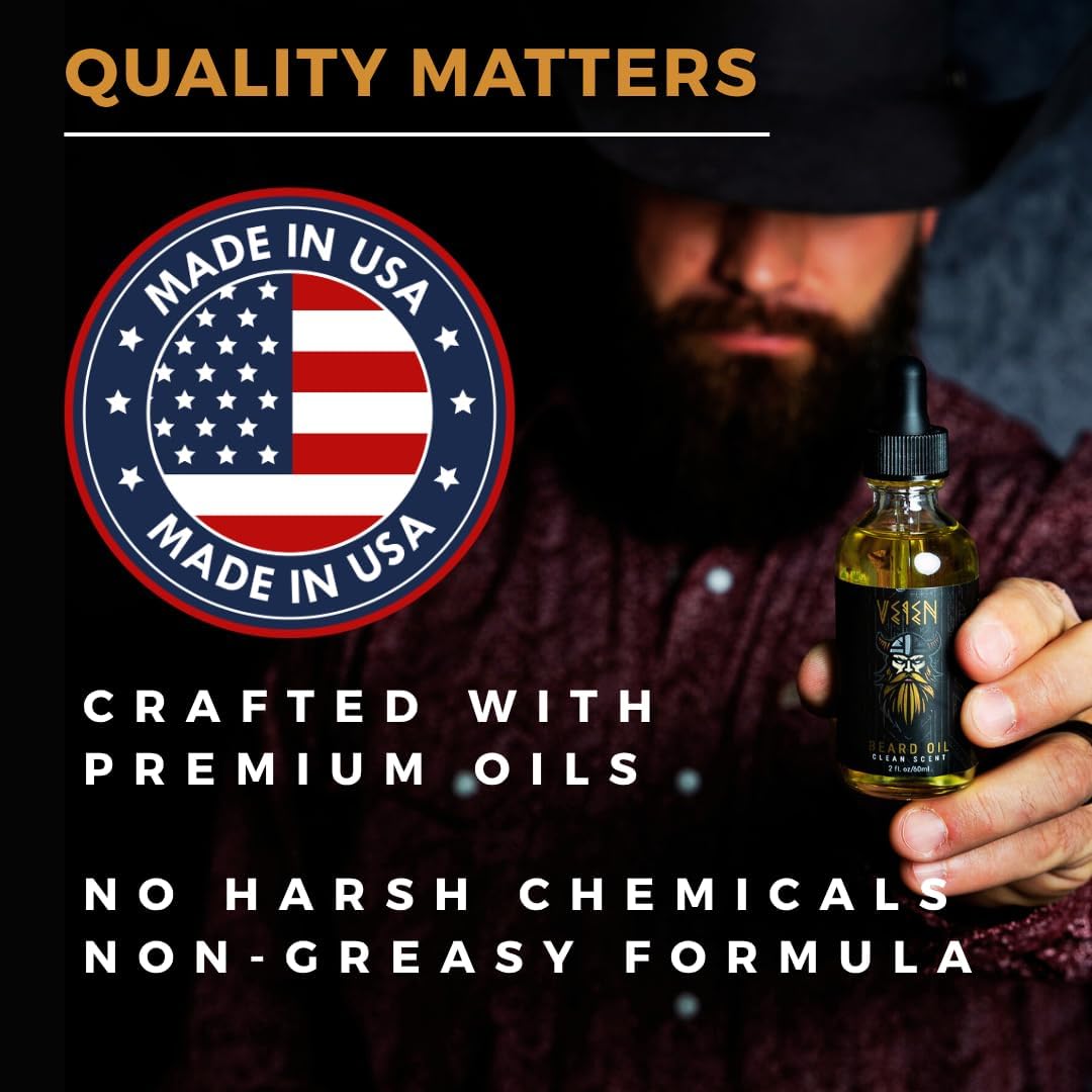 Veien Beard Oil 2oz lifestyle shot with grooming tools