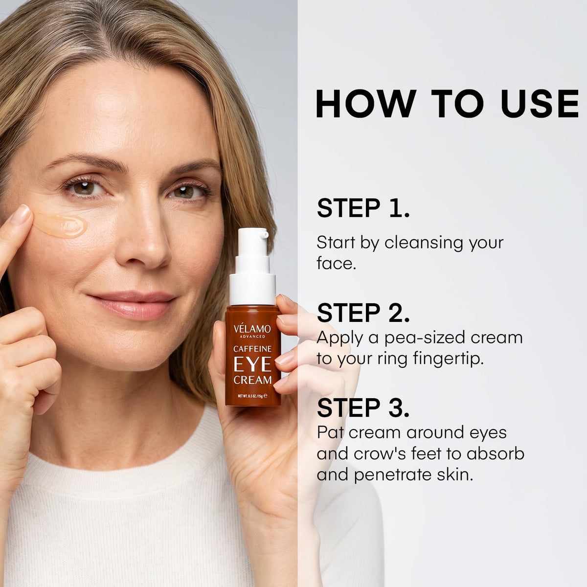 VELAMO ADVANCED Caffeine Eye Cream application on skin